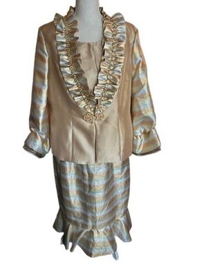 NWT Donna Vinci Couture 3-Piece Skirt Jacket Set Church Suit Rose Gold Silver XL
